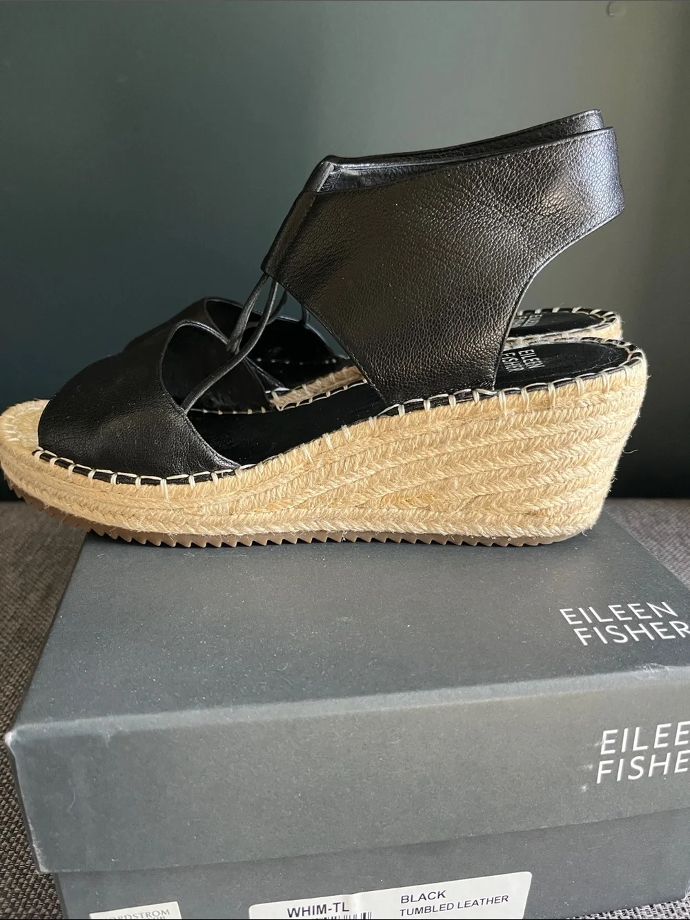 Eileen Fisher Black Leather Espadrille Slingback Wedges